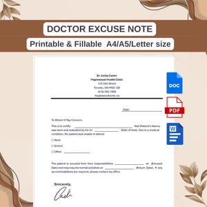 Nota de excusa médica / Plantilla de ausencia médica imprimible y editable / Trabajo, escuela / PDF, Word, Google Docs / Descarga instantánea
