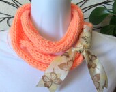 Peach Handmade Crochet, necklace, scarflette, fashion scarf with Removable Ribbon