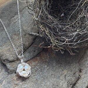 Tiny Silver Nest Necklace/ Pearl Bird&#39;s Nest Necklace
