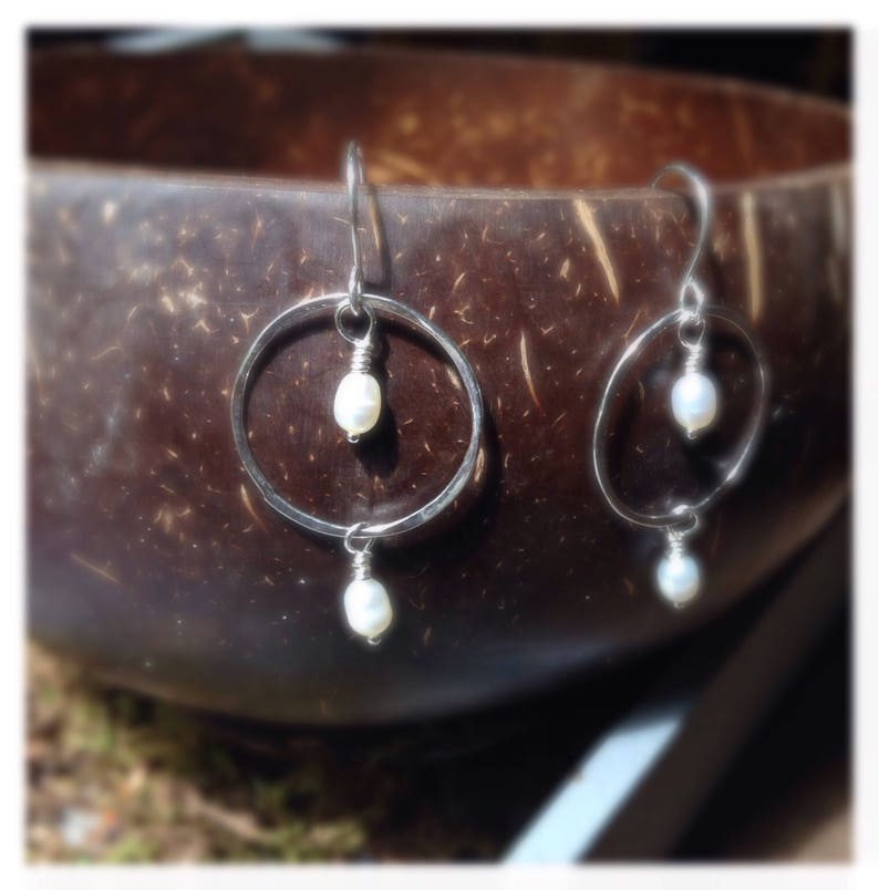 Sterling Silver and Pearl Circle Earrings image 2