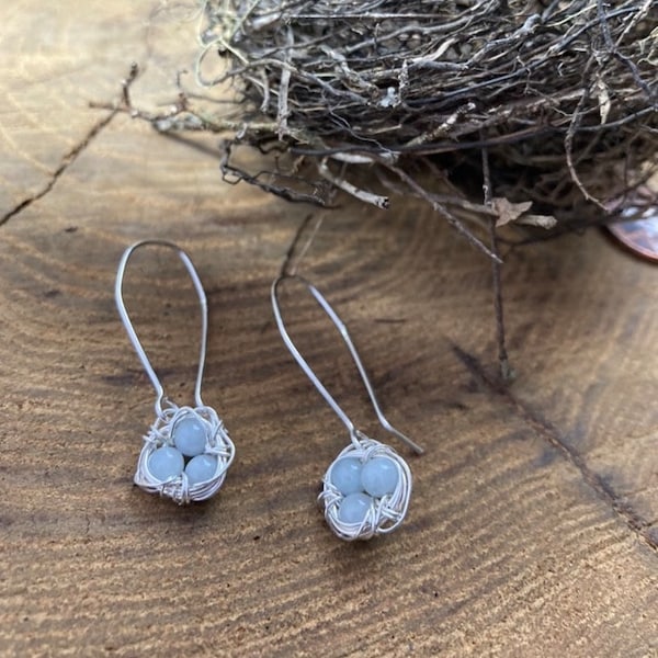 Silver Aquamarine Bird's Nest Earrings/ Robin Egg Earrings