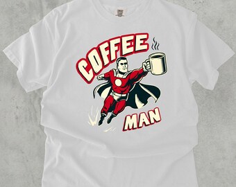 Camiseta gráfica retro de hombre de café / Camiseta urbana vintage de superhéroe con cafeína