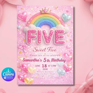 Sweet Five 5th Birthday Invitation Template, Editable Rainbow Girl Invite, Pink Princess Canva Template, 5x7 Digital Download
