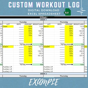 May include: A yellow and green workout log spreadsheet template with the title "CUSTOM WORKOUT LOG" and the text "CYCLE 1" and "WEEK 1". The spreadsheet includes columns for "LIFT", "REPS", "PERCENT", "WEIGHT (LBS)", and "TOTAL".