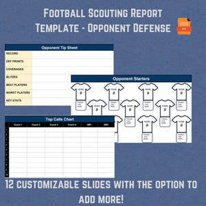 May include: A printable football scouting report template for opponent defense. The template includes a tip sheet, a chart for top calls, and a roster for opponent starters. The template is customizable and includes 12 slides with the option to add more.