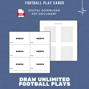 May include: A digital download PDF document titled Football Play Cards featuring white pages with black geometric shapes representing players and lines for notes. The layout includes grids for special teams plays to draw unlimited football plays.