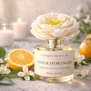 Puede incluir: Un difusor de vidrio transparente con una gran flor blanca en la parte superior. La etiqueta dice "FLEUR D'ORANGER" y "ORGANIC ESENTIAL DIFFUSER". La botella contiene 100 ml. Naranjas en rodajas y velas en el fondo.