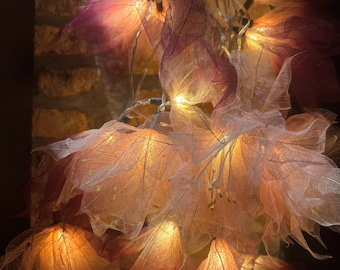 Guirnalda grande de gardenias: luces decorativas estilo boho en rosa y burdeos.