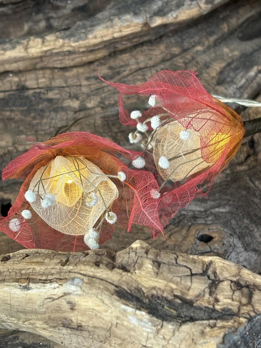 Mini Rose Garland: Red Orange Fairy String Lights, Boho Decor