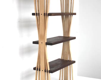Freestanding Vertical Bookshelf With Unique Bent Wood Trim – Walnut and Maple Standalone Bookcase