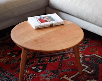 Low Circular Cherry Coffee Table with Three Legs – Foot Rest Furniture for Low Seating