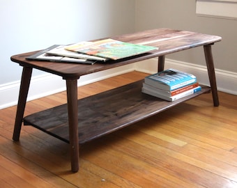 Large Walnut Coffee Table – Two-Tier Natural Hardwood Living Room Centerpiece with Storage