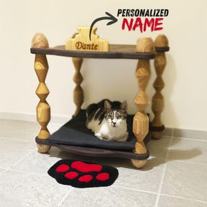 Personalized Wooden Cat Bed – Custom Name Luxury Pet Furniture | Handcrafted Solid Wood Cat & Dog House