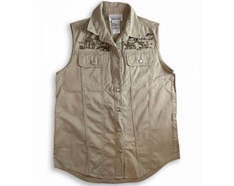 Casey & Max Khaki Cotton Safari Vest Embroidered Animals Tan Sleeveless Top Sz 8