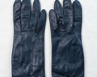 Gants en cuir Lord & Taylor Vtg bleu marine boucle dorée Antron doublé nylon taille 7,5