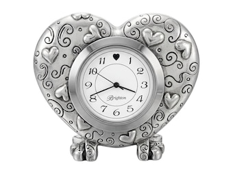 Brighton Silver Heart Desk Clock Scrollwork Stand Analog Travel Timepiece Retro