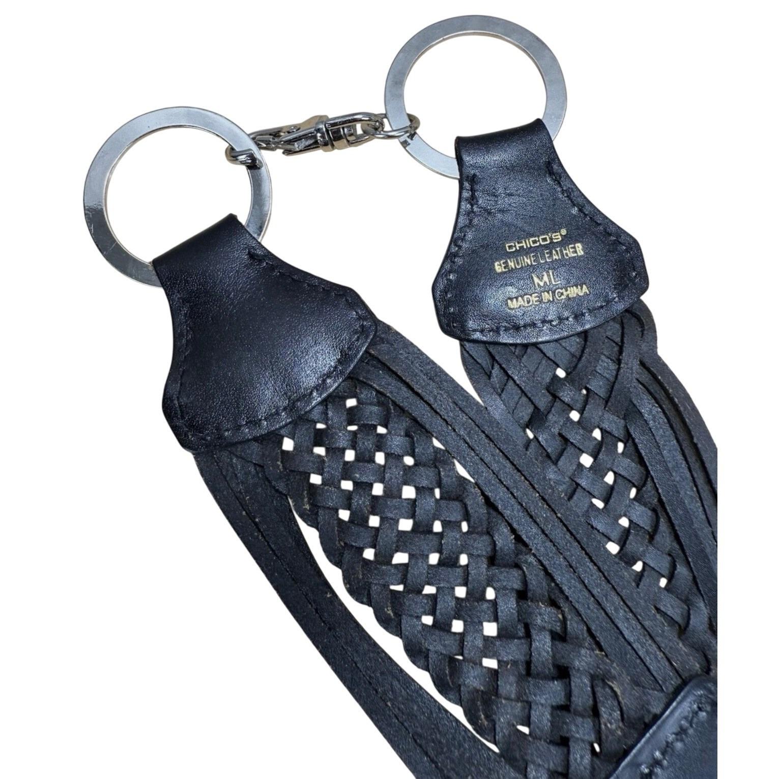 Chicos Vtg 3 O Ring Black Leather Woven Belt‎ Silver Tone Buckle M L Oversized Chico main image 2