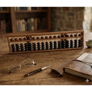 May include: A wooden abacus with brown and black beads, on a wooden table. Also on the table are glasses, a fountain pen, and a leather-bound notebook. A cup of tea is in the background.
