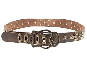 Papa & K Vtg Brown Leather Studded Belt Antique Brass Ornate Buckle Western Boho