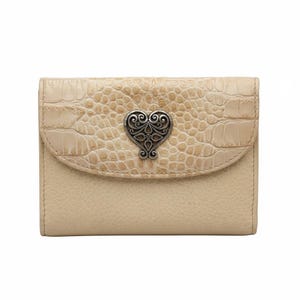 Brighton Vtg Leather Trifold Wallet Croc Embossed Filigree Heart Beige Pocket image 1