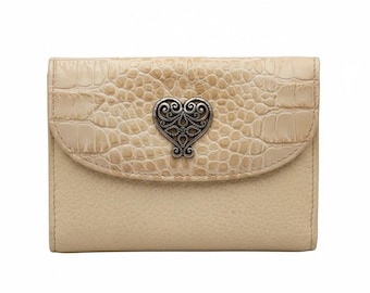 Brighton Vtg Leather Trifold Wallet Croc Embossed Filigree Heart Beige Pocket