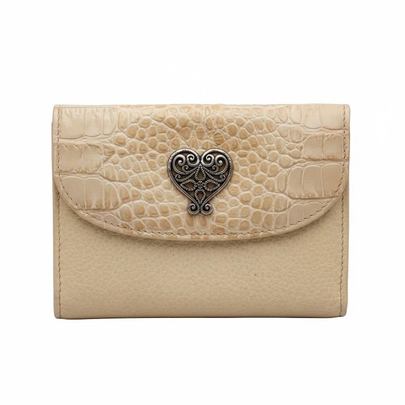 Brighton Vtg Leather Trifold Wallet Croc Embossed Filigree Heart Beige Pocket image 1