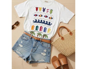 BECHAMEL II VTG T-shirt blanc 3X en coton brodé pour femme, scène de plage