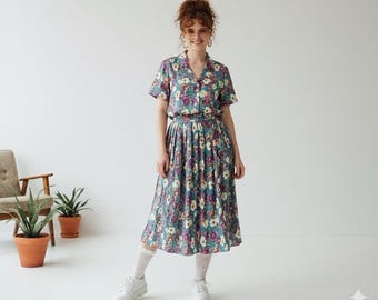 Leslie Fay Petites Vtg Multicolor Floral Top Skirt Set Sz 10P Grannycore Retro