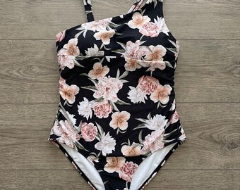 Alex Marie Vtg Blk Floral Eine Schulter Badeanzug Sz 8 Vacay Bademode
