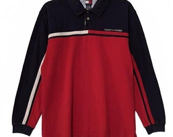 Polo de manga larga Tommy Hilfiger para hombre, color rojo, azul marino y blanco, talla XL