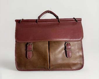 Maletín Perry Ellis vintage con diseño estructurado en color marrón, correa y bloques de color (década de 1990)