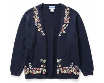 Pendleton Vtg Navy Floral bestickte Strickjacke Sz S Ramie-Mischung Baumwolle
