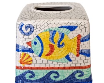 Wamsutta VTG Keramiek Mozaïek Tissue Box Cover Tropische Vissen Oceaan Kust Retro