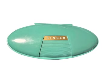 Minimáquina de coser portátil Singer con estuche y accesorios, color verde azulado, estilo retro