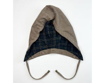 Unbranded Detachable Button-On Hood Taupe Canvas Navy Plaid Lined Replacement