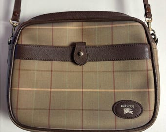 Burberrys Sac à bandoulière Vtg Nova Check avec bordure en cuir marron pour appareil photo