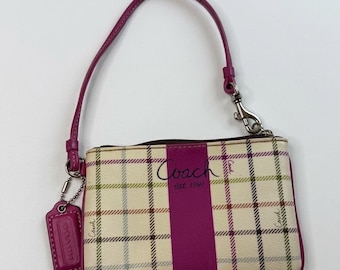 Coach Tattersall Plaid Wristlet Magenta Stripe Cream Coated Canvas Pouch Bag