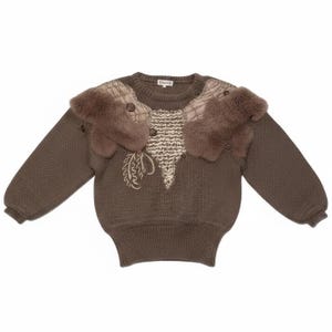 May include: A brown sweater with a faux fur collar and decorative buttons. The sweater features a textured knit design with a cream-colored panel and embroidered leaf details. The sleeves are long and the sweater has a ribbed hem.