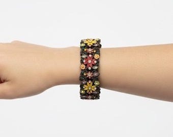 Bracelet jardin de fleurs émaillé VTG avec strass en laiton extensible non marqué