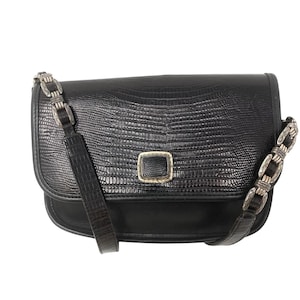 Brighton Blk Lizard Embossed Leather Crossbody Bag Silver Hardware Vtg Classic image 1