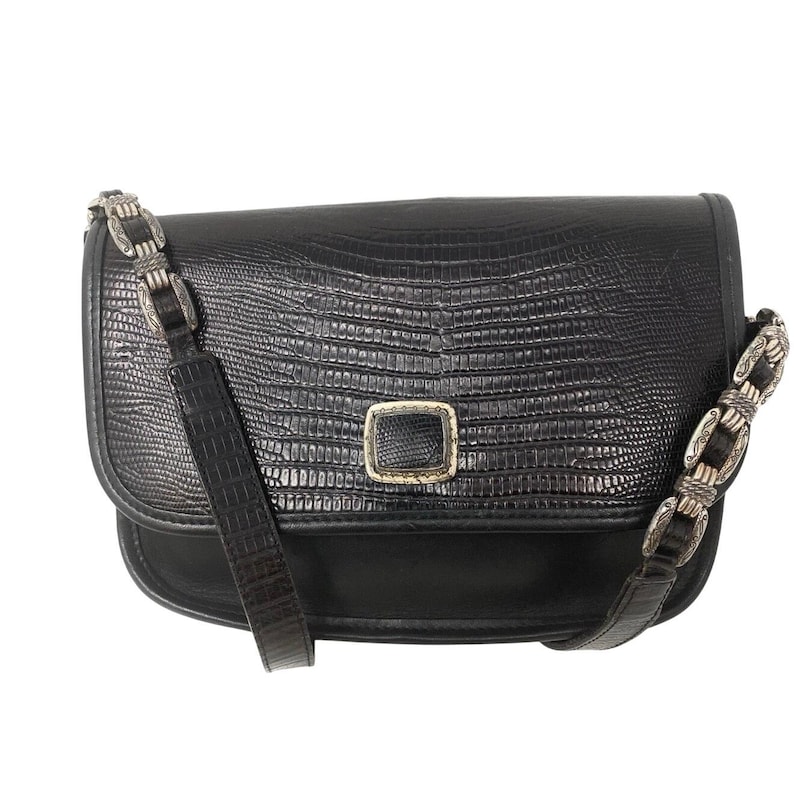 Brighton Blk Lizard Embossed Leather Crossbody Bag Silver Hardware Vtg Classic image 1
