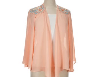 Joan Rivers Peach Chiffon Embroidered Shoulder Open Front Cardigan Kimono Boho