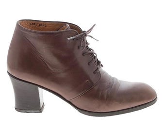 Vintage Brown Leather Lace Up Ankle Boots Block Heel Narrow Dark Academia 5.5