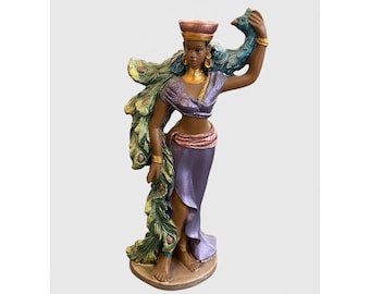 VTG African ULANA Figurine Statue Sculpture Decor 8 po Femme Art Paon