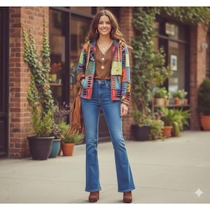 Puede incluir: Una mujer con una chaqueta con capucha de patchwork, una camiseta marrón, vaqueros azules y botas marrones. También lleva un bolso de hombro con flecos marrones y varios collares. La chaqueta presenta una variedad de colores y patrones.