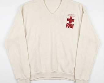Vtg American Red Cross 1881 V-Neck Sweater Creme XL Graphic Knit 80er Jahre USA Classic