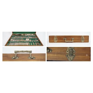 Vintage Nickel Bronze Thailand Flatware Set 40+ Pieces in Wooden Storage Chest