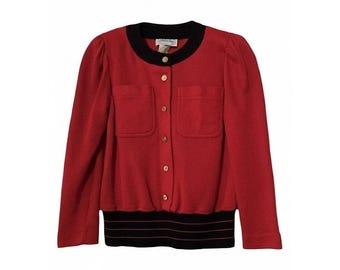 Vintage Leslie Fay Red Knit Cardigan Gold Crest Buttons Black Trim Size 6 USA