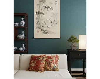 ¡Excepcional! Par de cojines vintage de tapicería chinoiserie con flecos dorados. Decoración para el hogar.