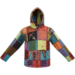 Boho Patchwork Zip Up Hoodie Multicolor Razor Cut Embroidered Festival Jacket